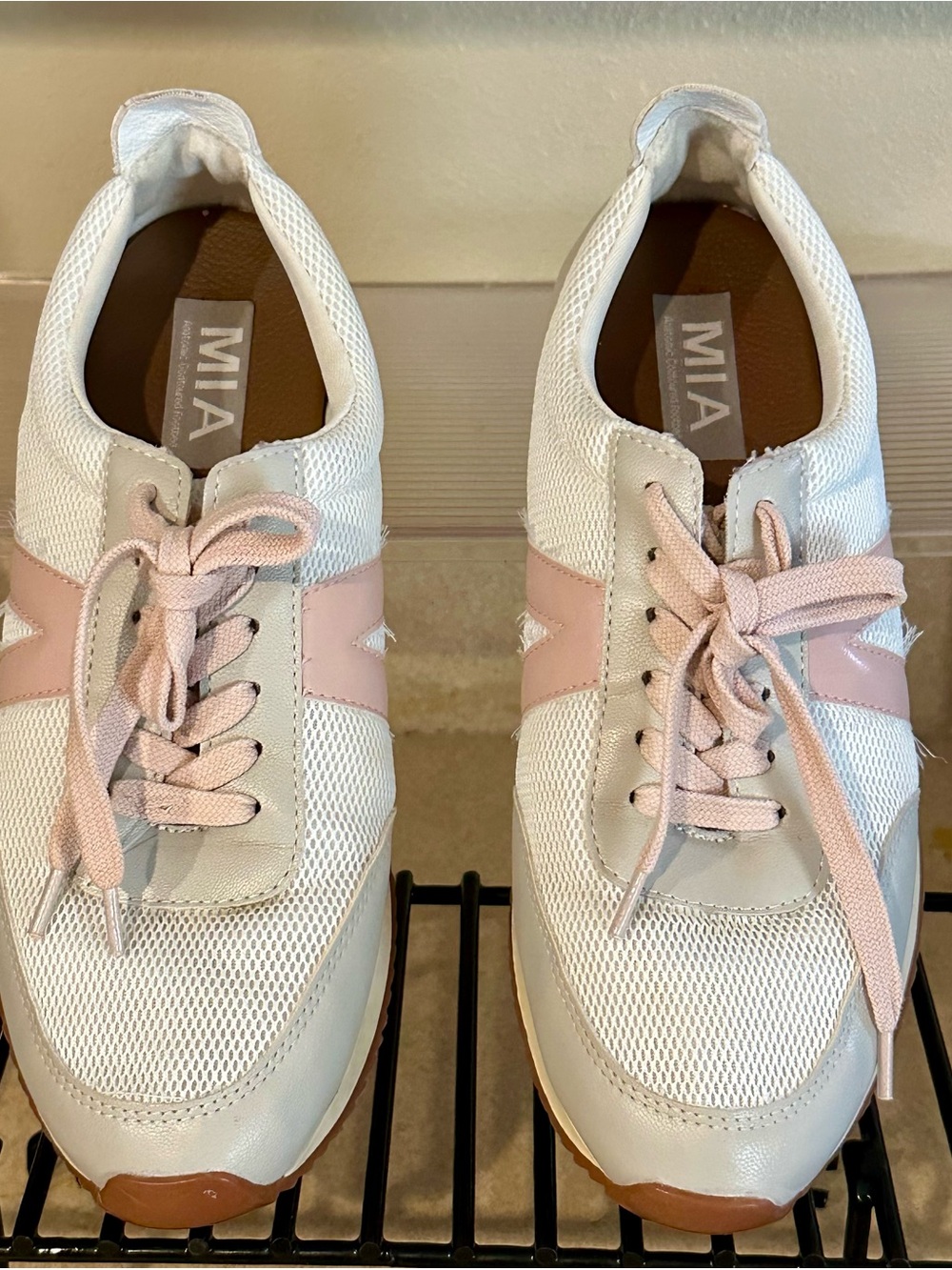 MIA Women's White and Light Pink Mesh Lace-Up Sneakers